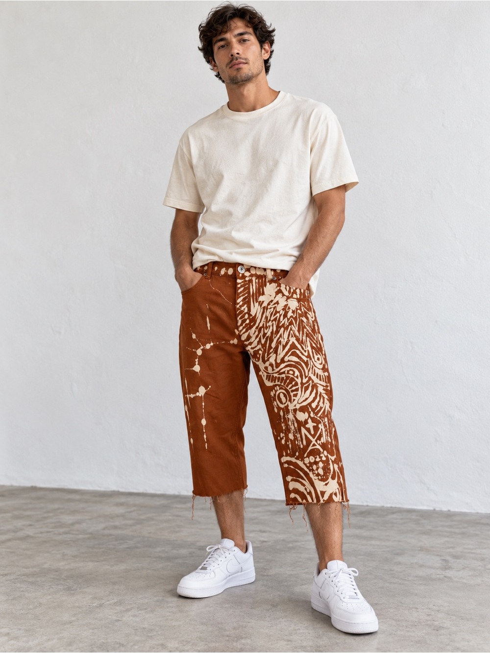 A91. Kaalu Men’s 38x32 Brown Graphic Jeans, Raw Hem, Cut-Off